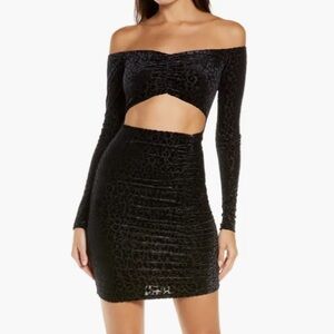 Naked Wardrobe Black Leopard Velvet Burnout Cut Out Ruched Long Sleeve Dress